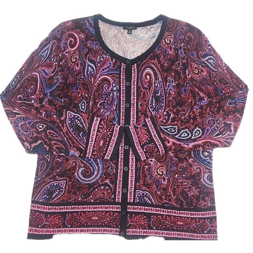 Talbots Sweater Cardigan Blue Purple Paisley Cotton Blend Sz Petite Large Button